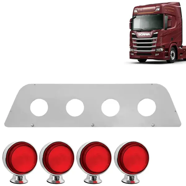 Aplique Inox Túnel Traseiro com Lanternas LED Vermelha Para Caminhão Scania S5 / S6 / NTG