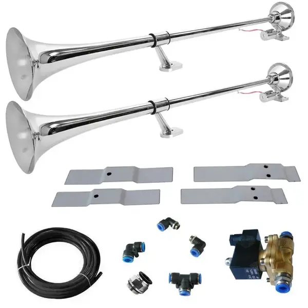 Kit 2 Buzinas Marítima 1 Metro para Caminhão 12V + Válvula solenoide de 1/2 C/ Suporte Sem Furar Teto