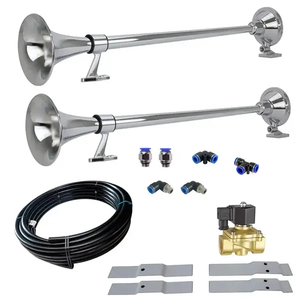 Kit 2 Buzinas Marítima 74 CM para Caminhão 12V + Válvula solenoide de 1/2 C/ Suporte Sem Furar Teto
