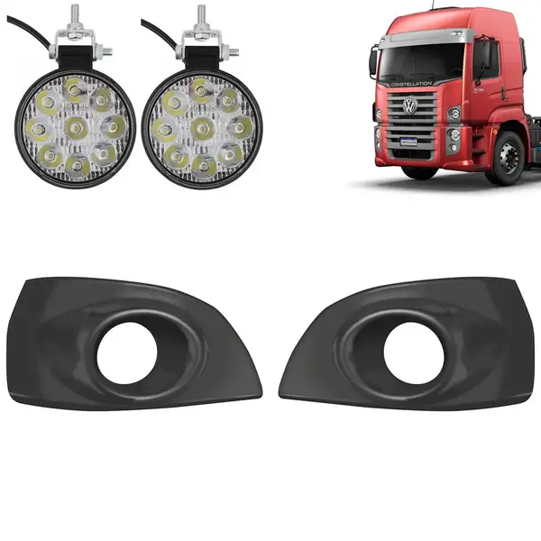 Kit Aplique Farol Auxiliar para Caminhão VW Constellation 3 Estribos + Faroletes LED